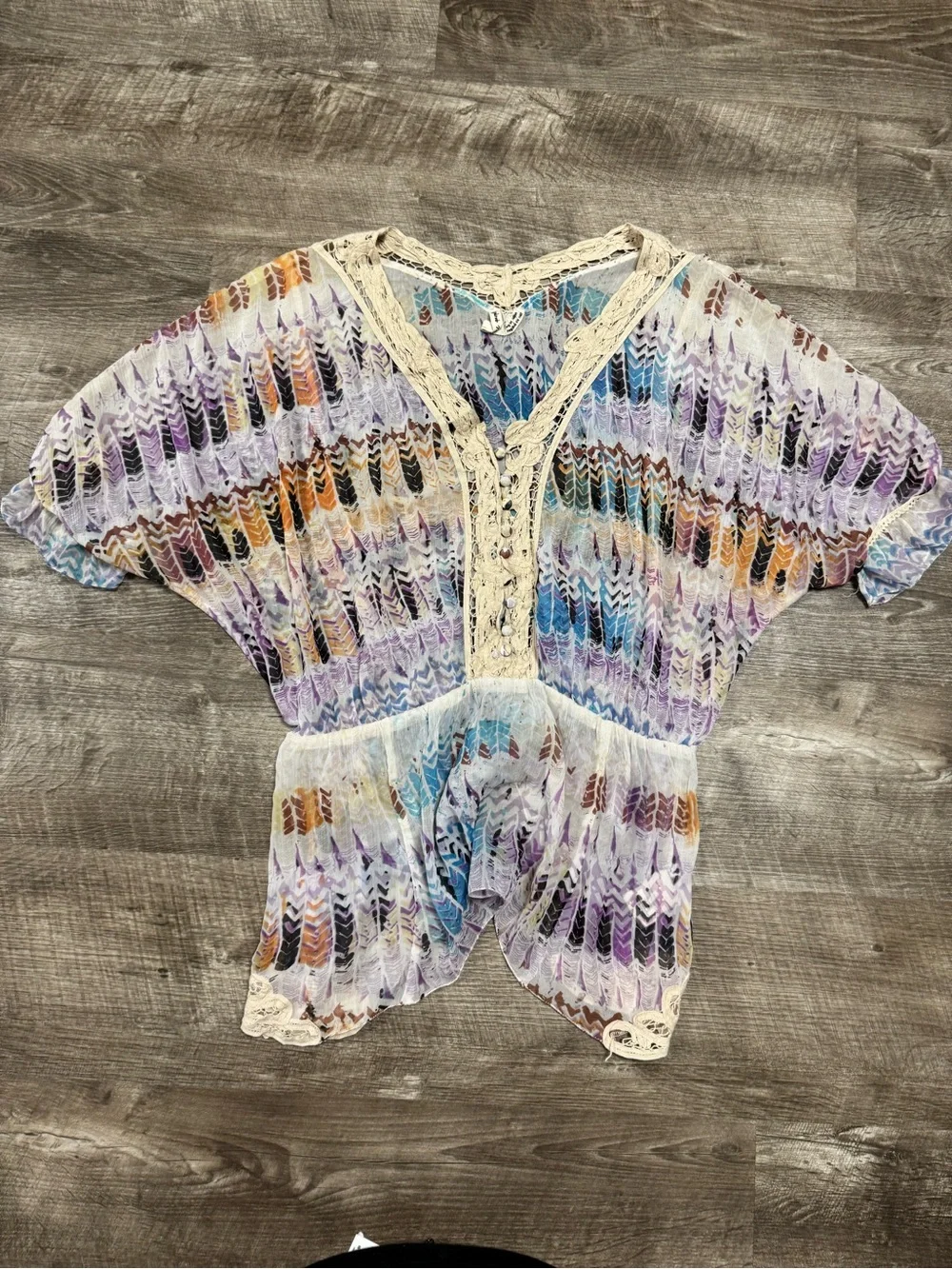 Free People Boho Lace Sheer Chevron Blouse Large